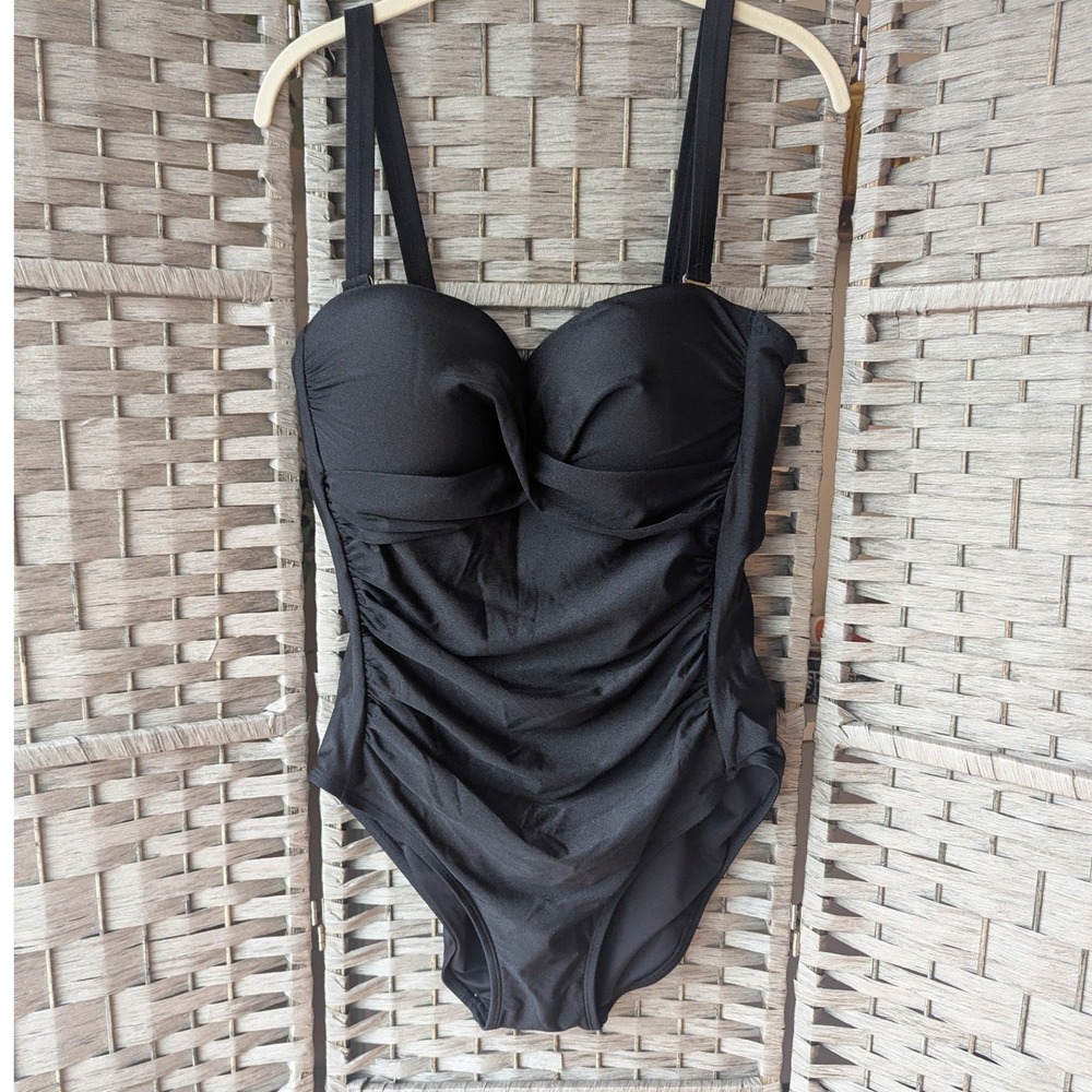 Calvin Klein Black Ruched One Piece Swim Bathing Suit Womens 16 Tummy Control - Picture 1 of 7